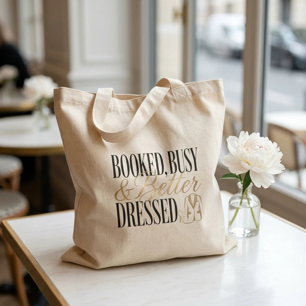 A beige canvas tote bag with the text Booked, Busy and Better Dressed printed on the front.