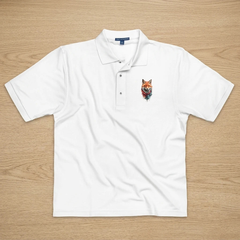 A white short-sleeved polo shirt with a small watercolor fox illustration on the chest.
