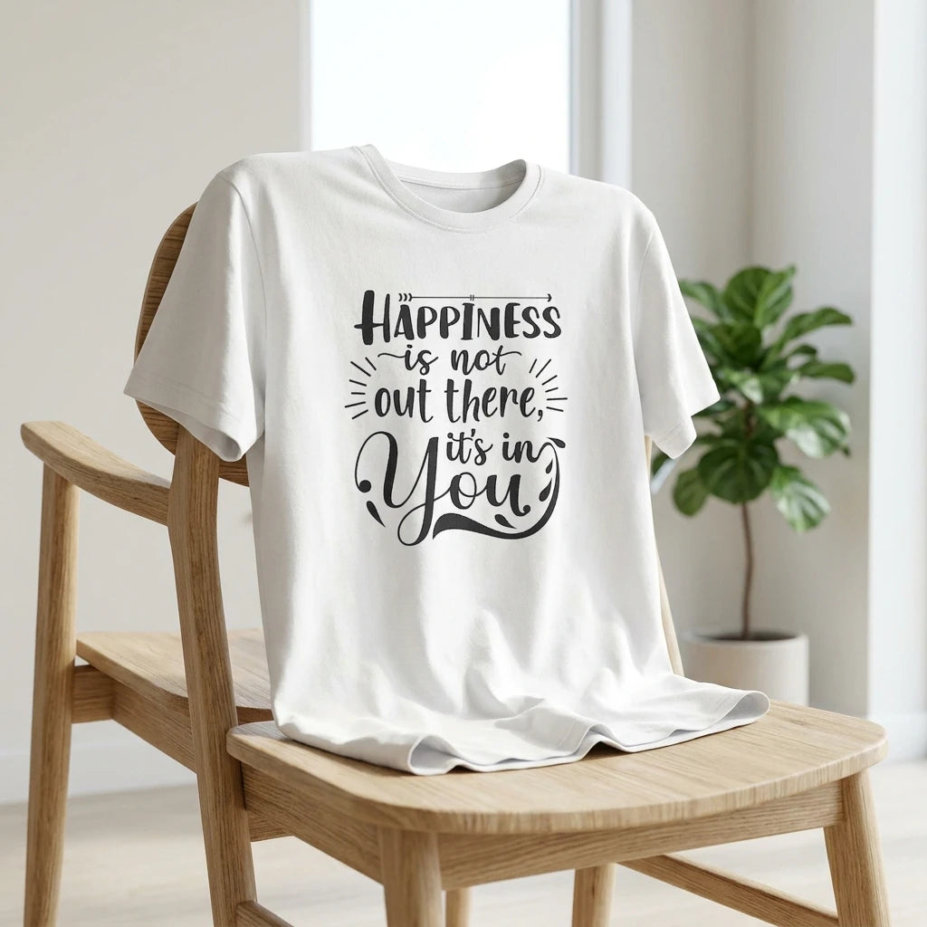 A white crew neck t-shirt with the text Happiness is not out there, it's in You on a wooden chair.