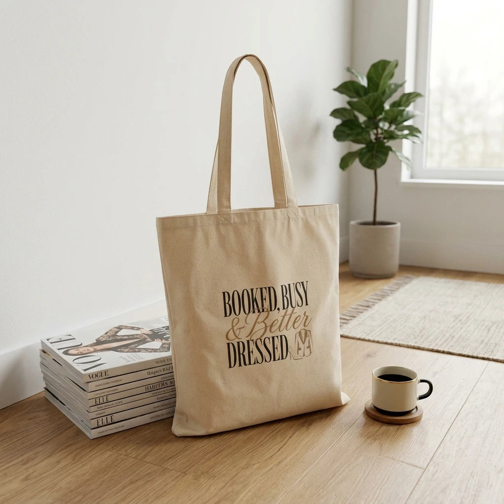A beige canvas tote bag with the text Booked, Busy and Better Dressed printed on the front.