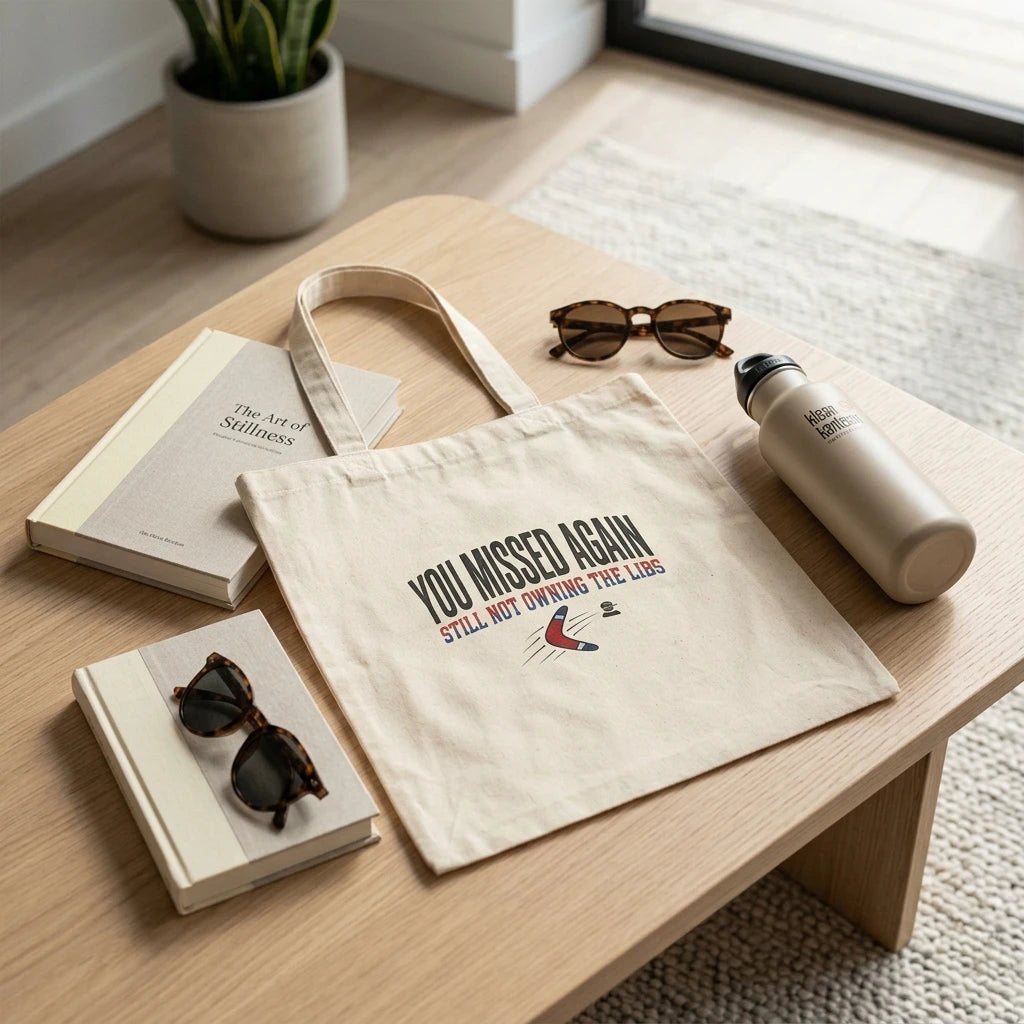A natural canvas tote bag featuring the text You Missed Again Still Not Owning The Libs.