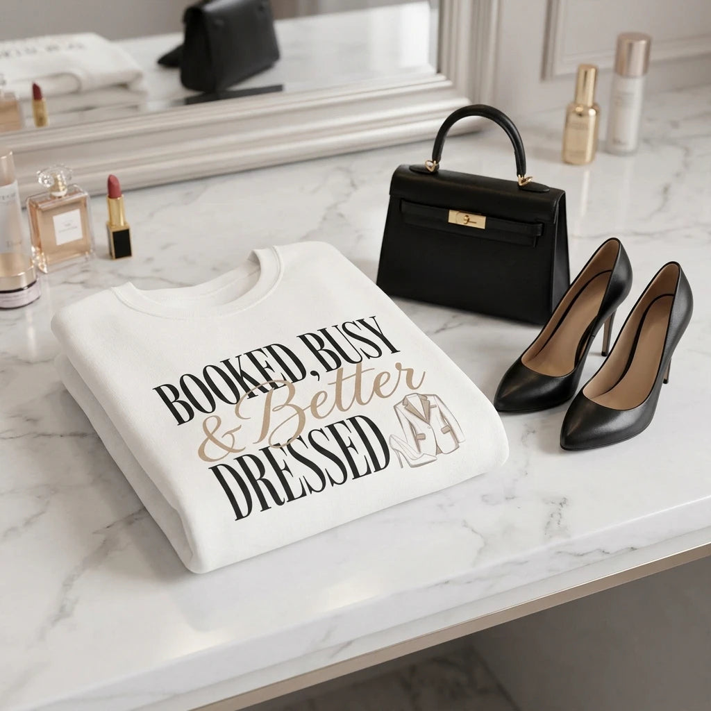 A white crewneck sweatshirt with the text Booked, Busy & Better Dressed on a marble vanity.