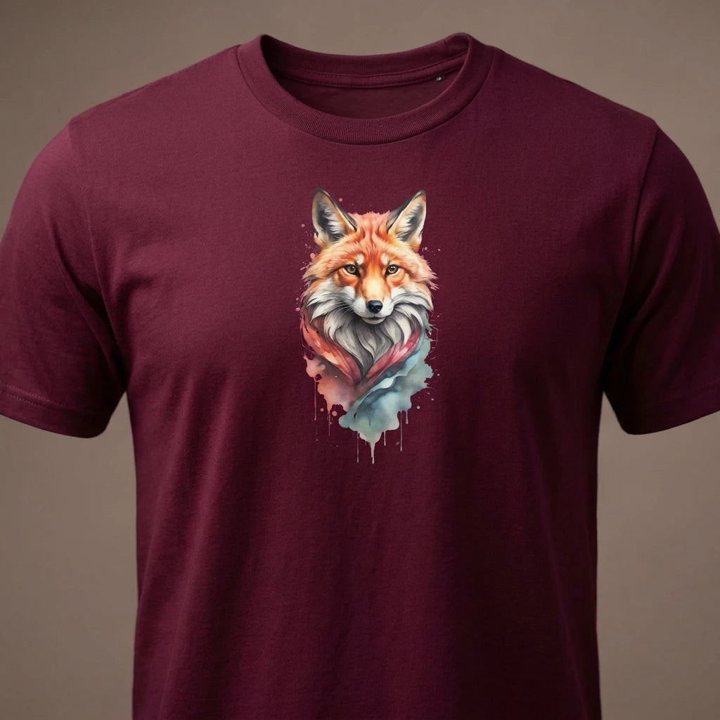 A maroon unisex t-shirt featuring a watercolor-style illustration of a fox on the chest.
