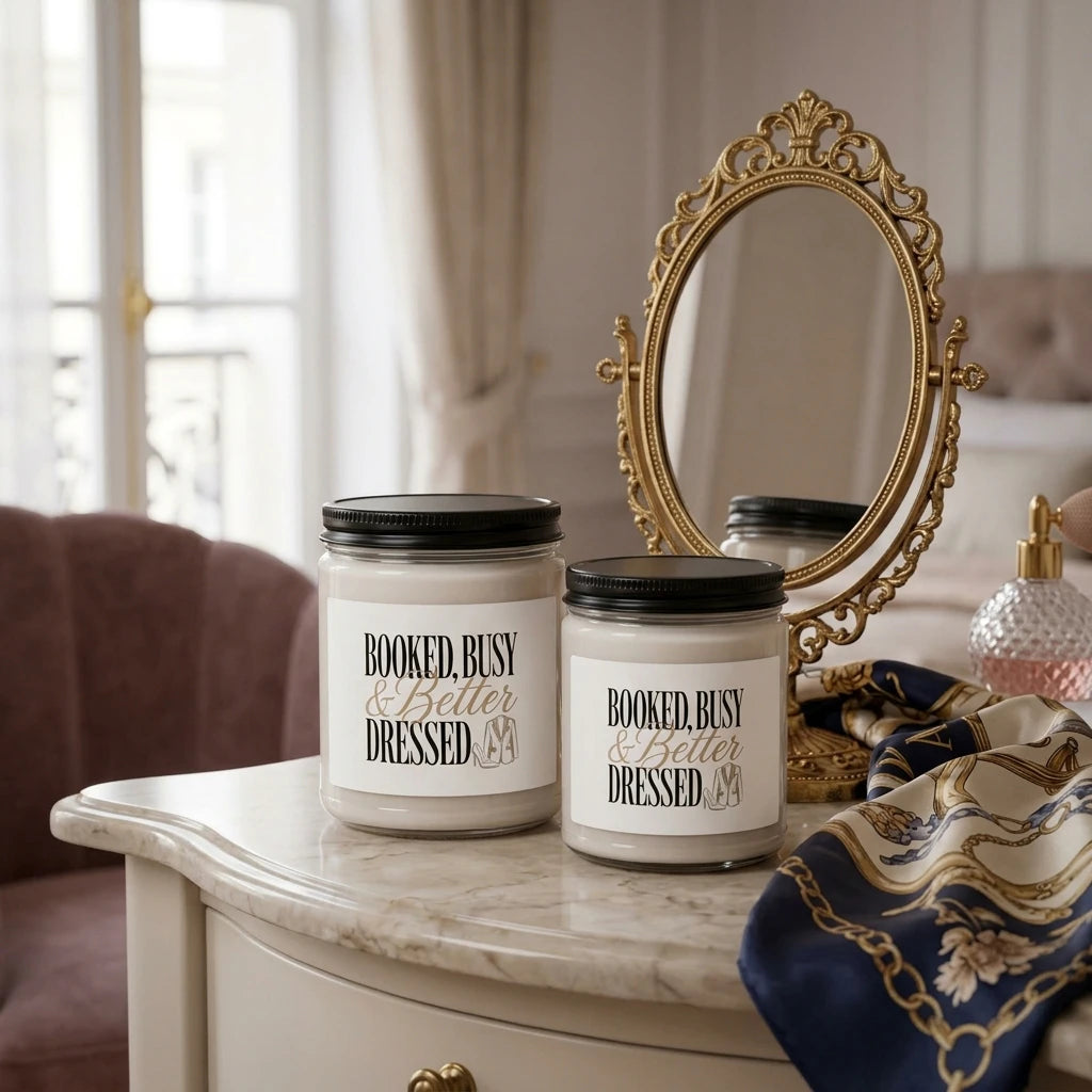 Two soy candles with labels reading Booked, Busy and Better Dressed sit on a marble vanity.
