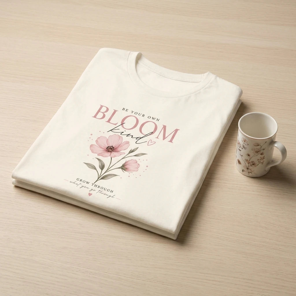 A folded cream-colored women's t-shirt with a floral design and inspirational text.