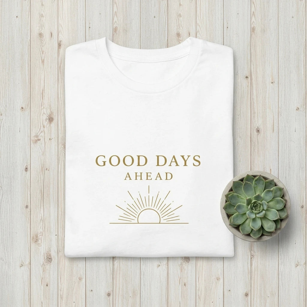 A white t-shirt featuring the text Good Days Ahead and a sun icon, displayed on a wooden surface.