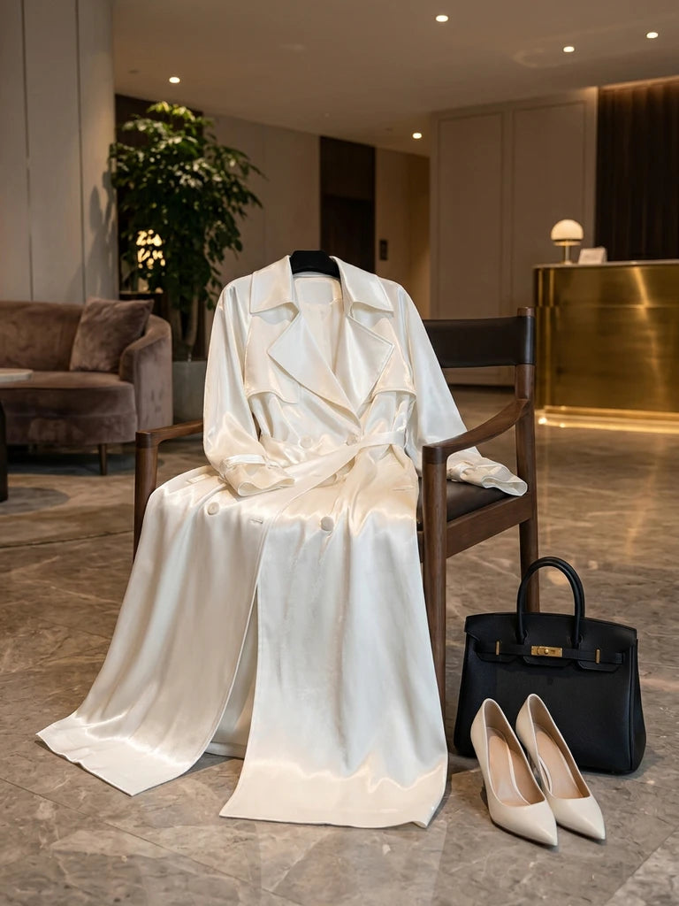 A long, shiny white double-breasted trench coat draped over a chair.