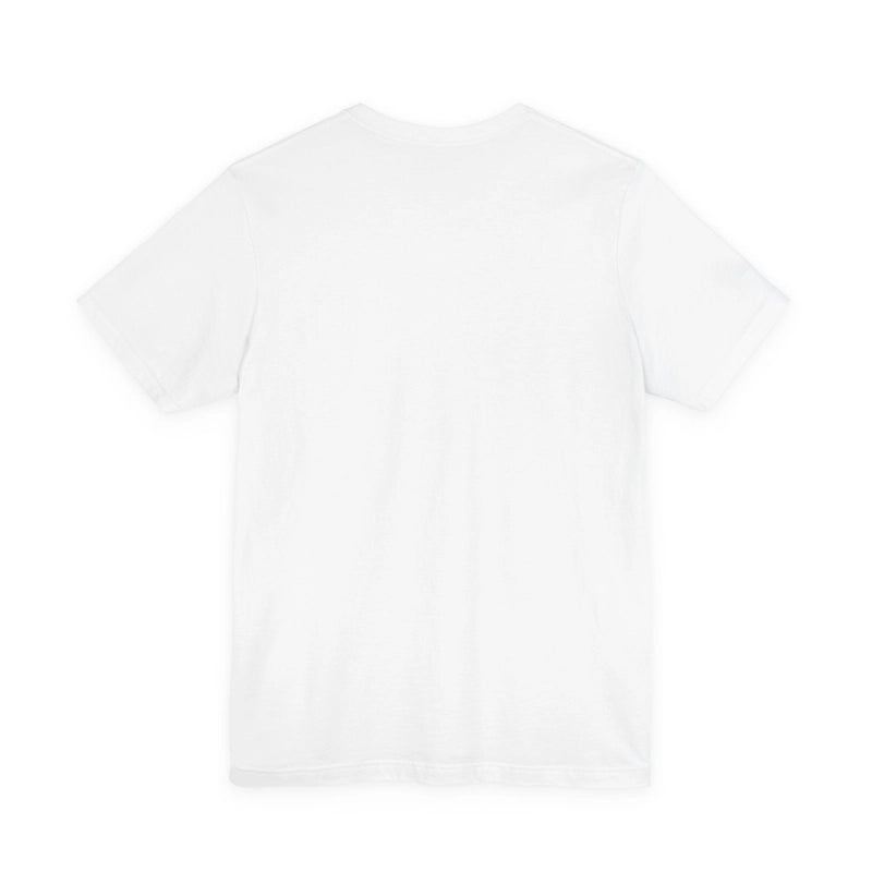 A plain white short-sleeved crew neck t-shirt shown from the back.