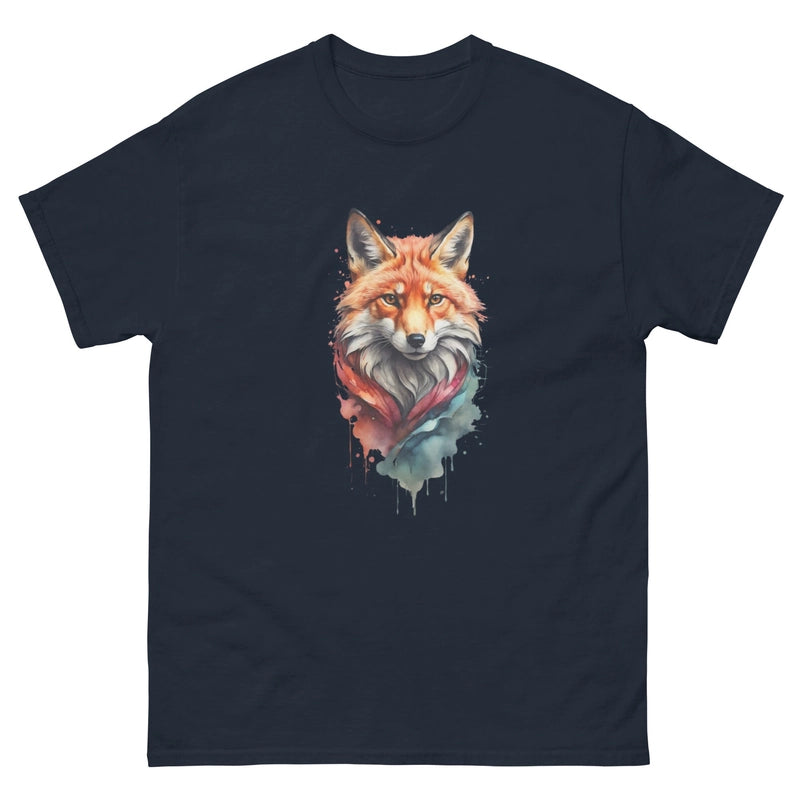 A dark navy unisex t-shirt featuring a colorful watercolor-style fox portrait on the chest.