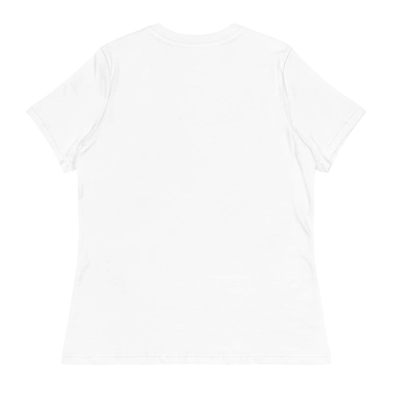 A plain white women's relaxed fit t-shirt with a crew neck shown from the back.
