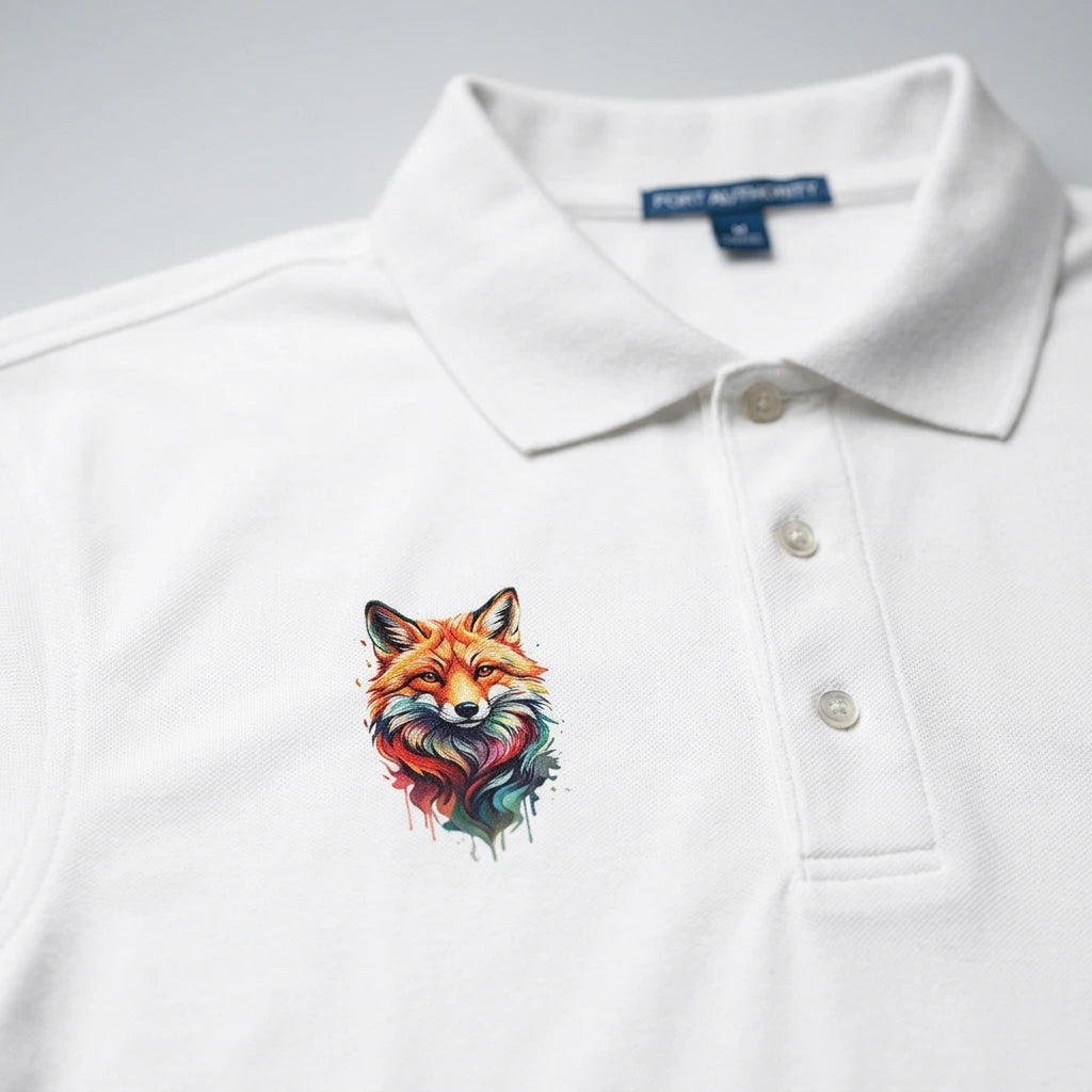 A white polo shirt featuring a colorful watercolor-style fox illustration on the chest.