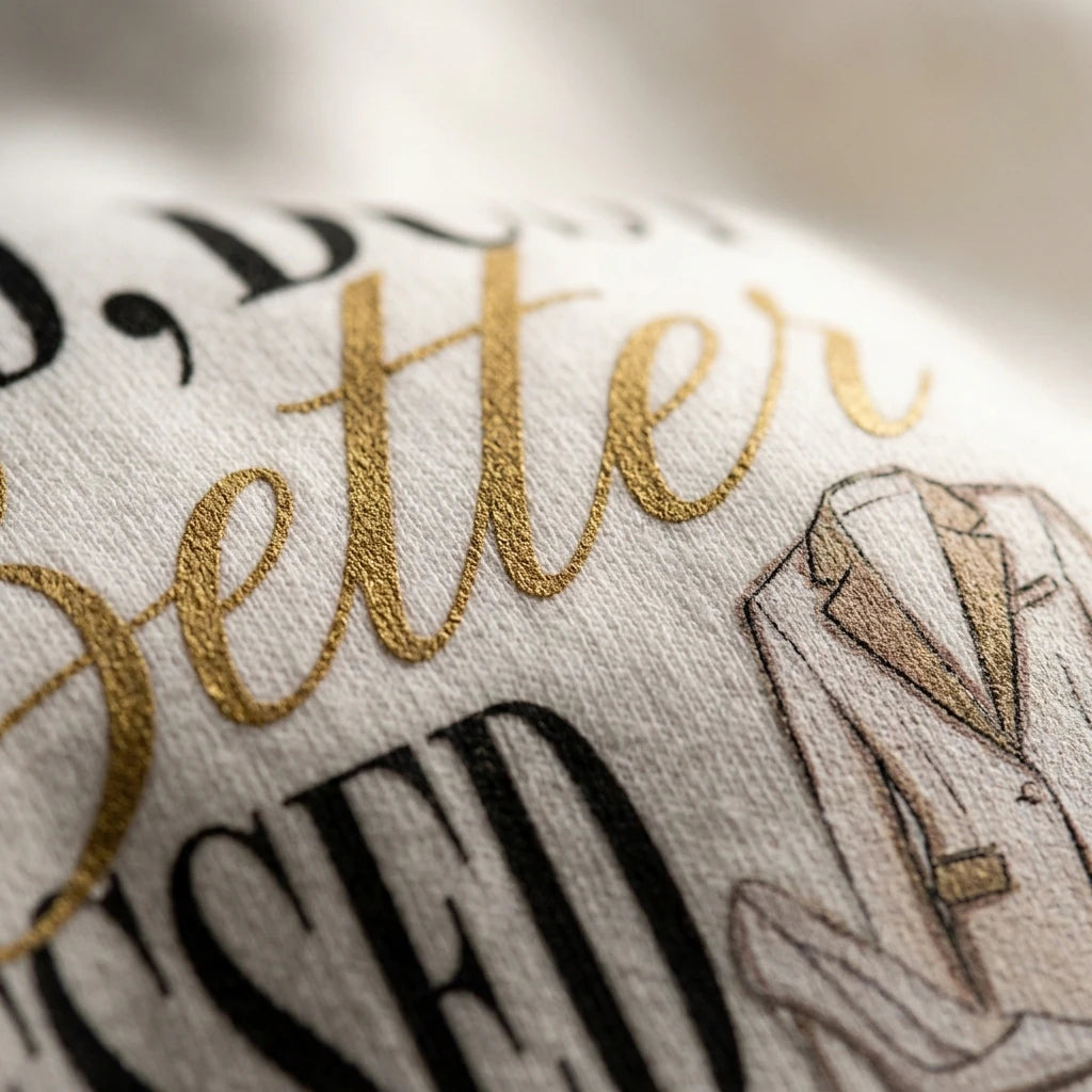 A close-up of a white sweatshirt featuring gold script and black serif text with a suit graphic.