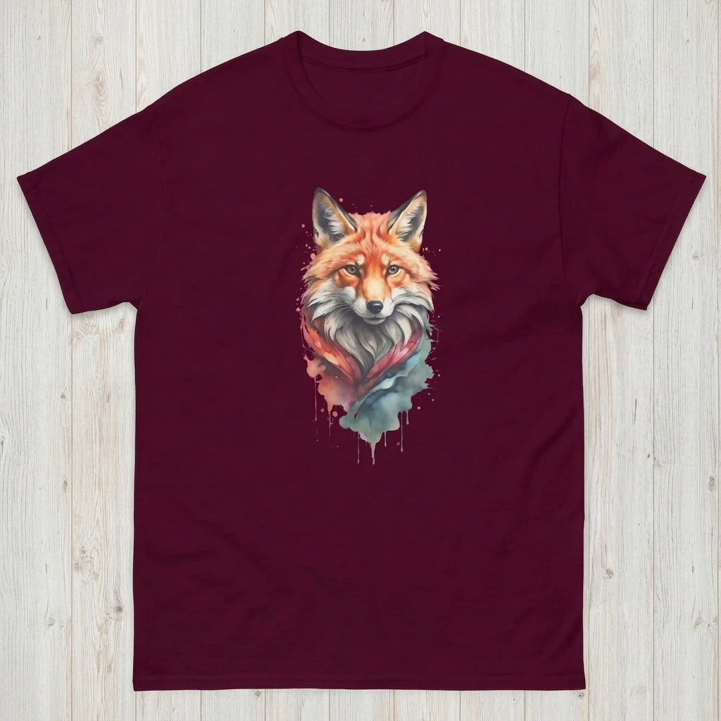 A maroon unisex classic tee featuring a watercolor-style fox illustration on the chest.