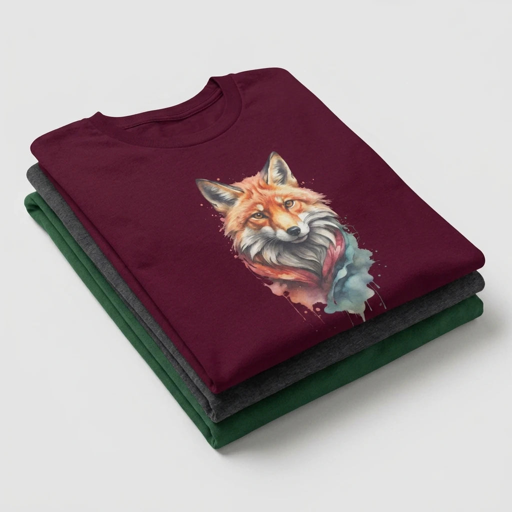 A stack of three folded unisex t-shirts in maroon, grey, and green with a fox graphic on top.