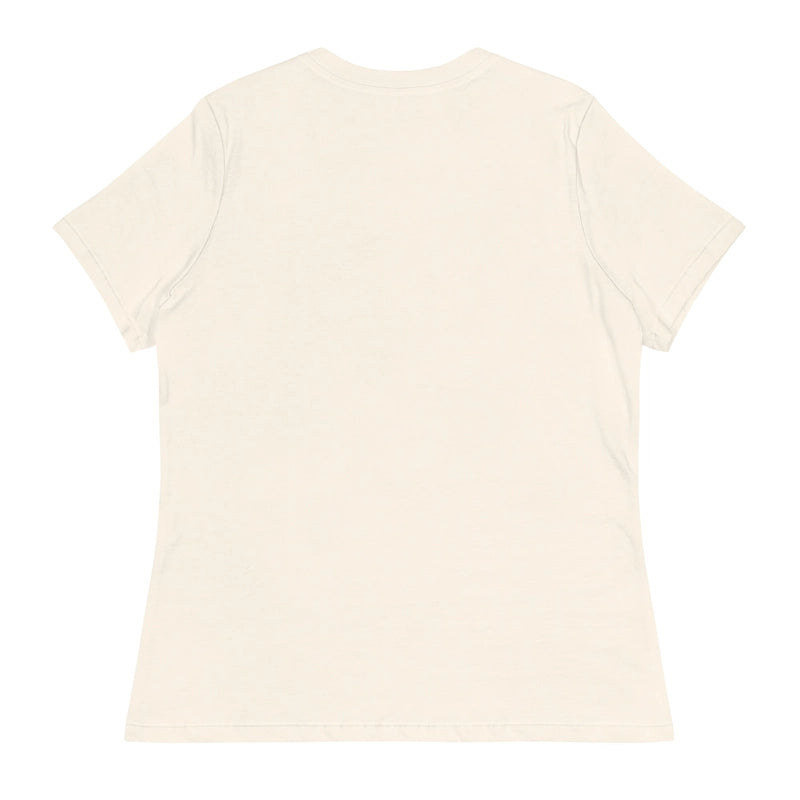 A plain, cream-colored women's relaxed fit t-shirt with a crew neck shown from the back.