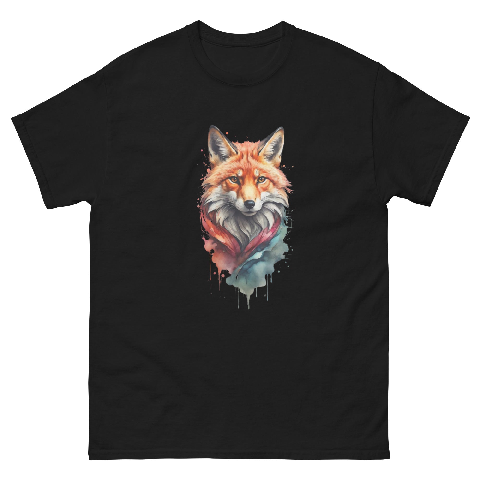 A black unisex classic t-shirt featuring a colorful watercolor-style fox portrait on the chest.