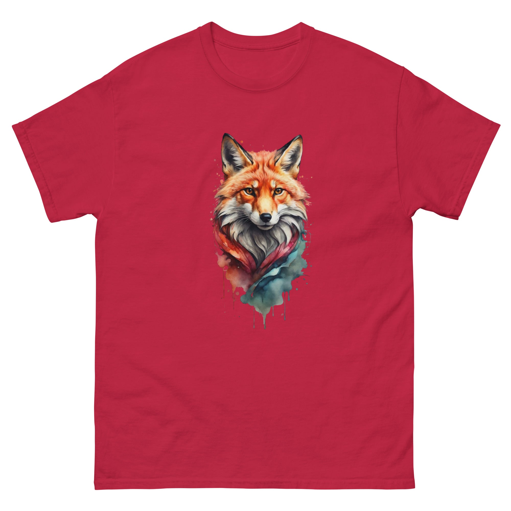 A red unisex classic t-shirt featuring a watercolor-style illustration of a fox head.