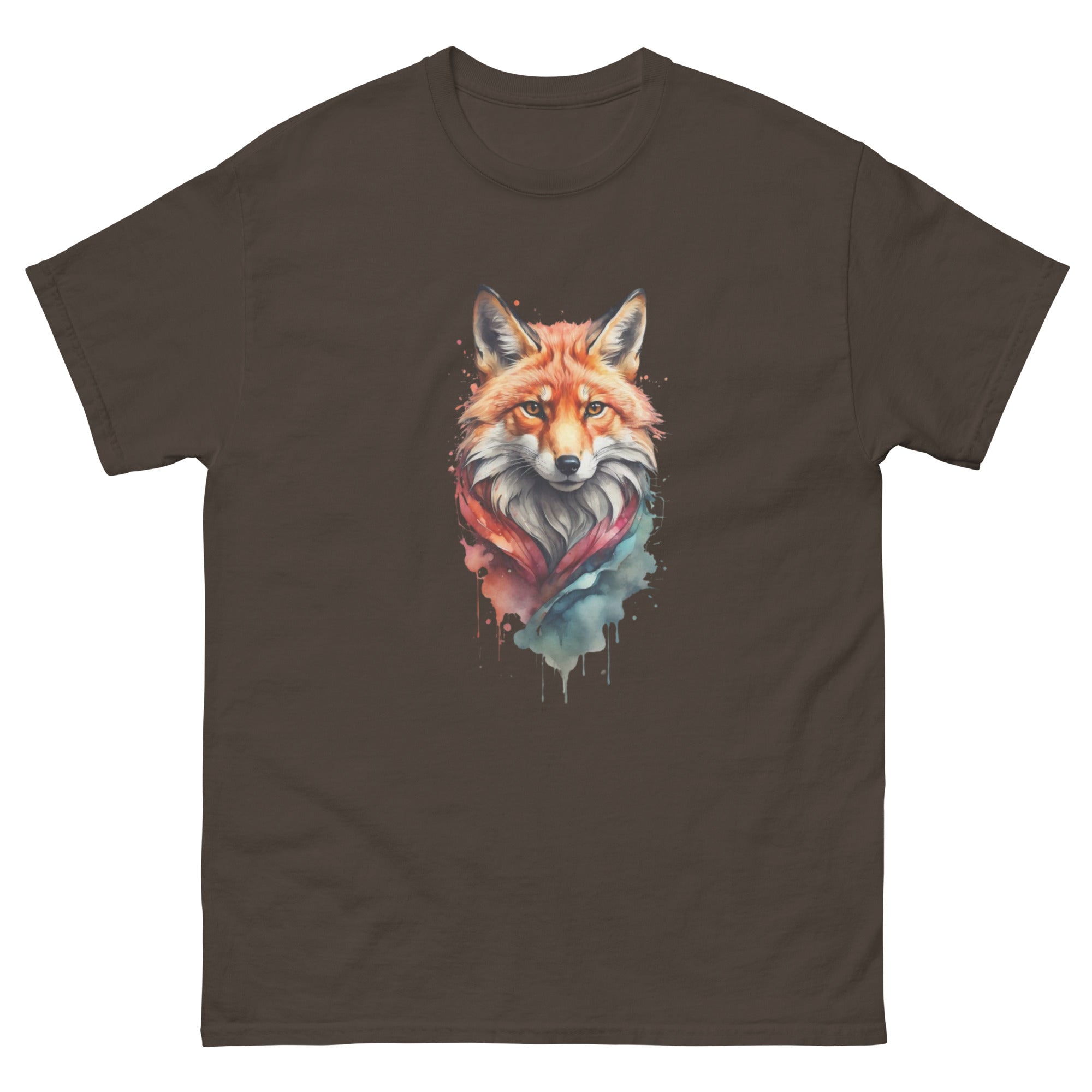 A dark brown unisex t-shirt featuring a watercolor-style illustration of a fox on the chest.