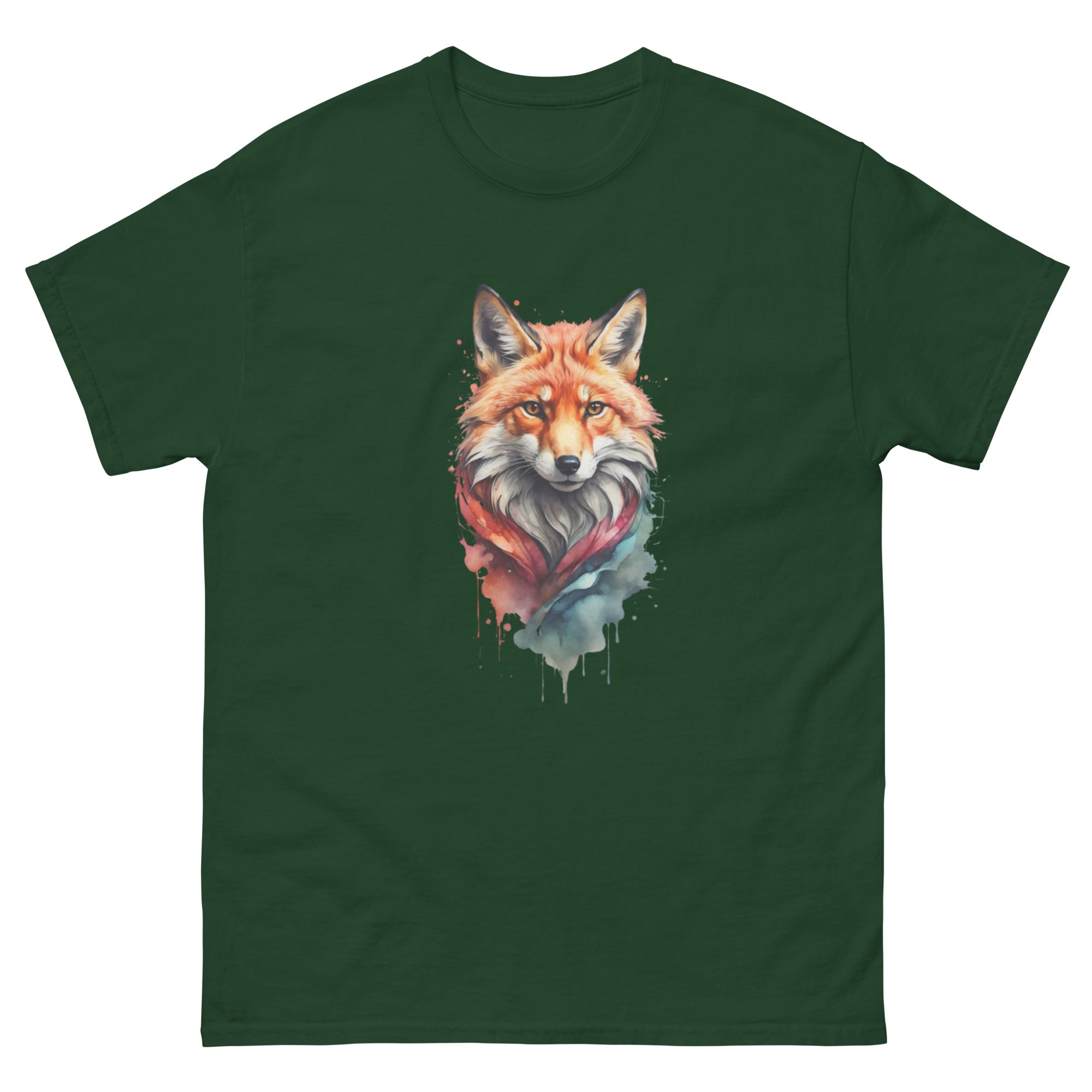 A dark green unisex t-shirt featuring a watercolor-style illustration of a fox on the chest.