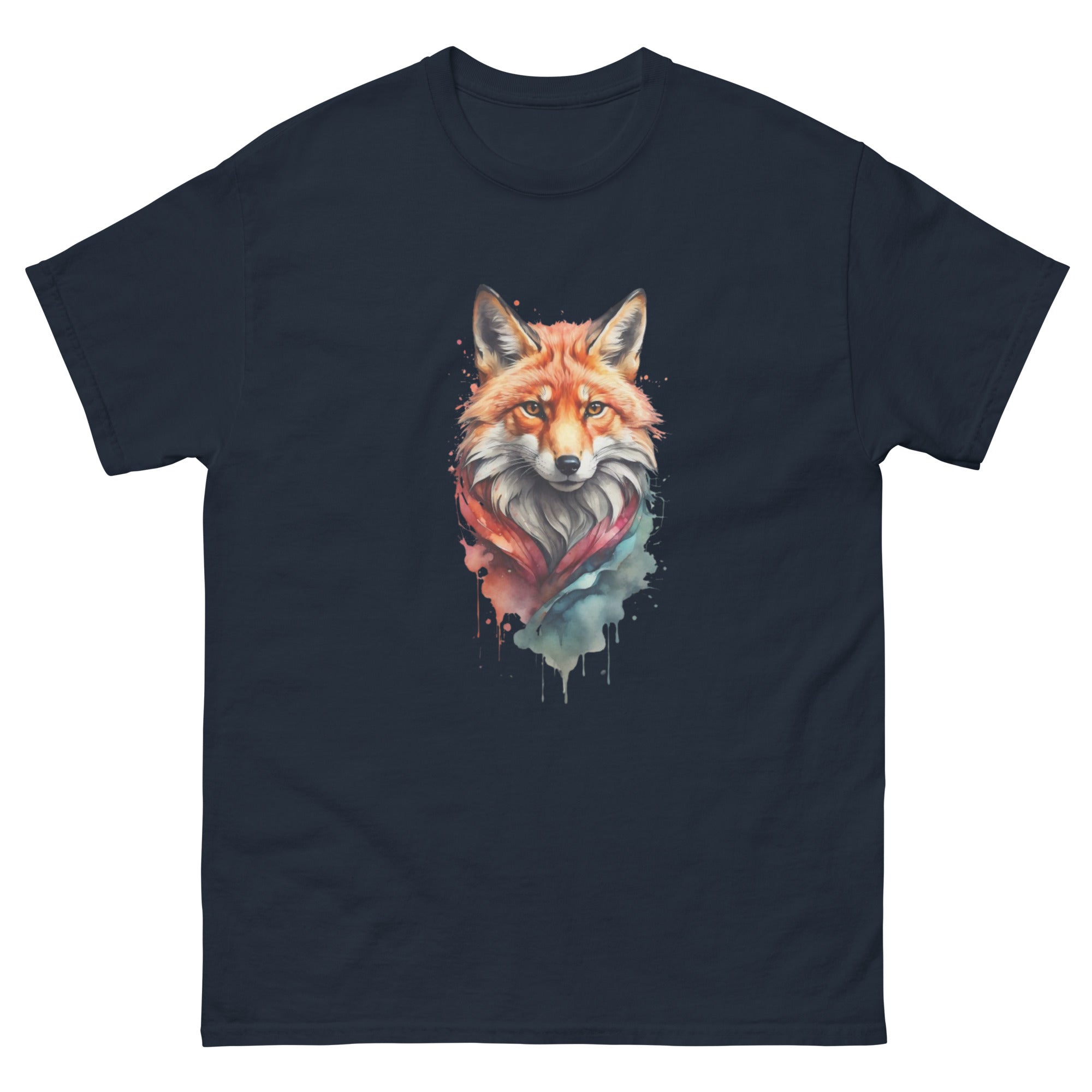 A dark navy unisex t-shirt featuring a watercolor-style illustration of a fox head.