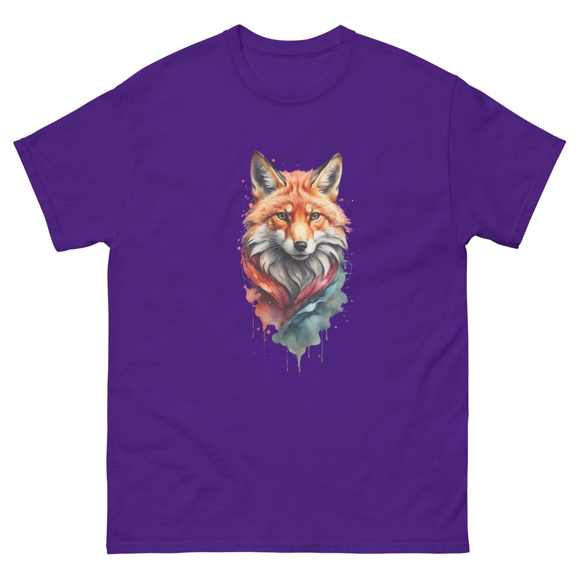 A purple unisex classic t-shirt featuring a watercolor-style illustration of a fox.