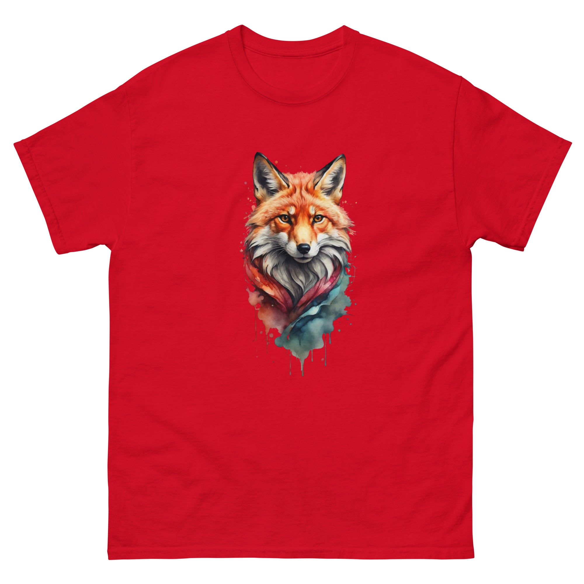A red unisex classic t-shirt featuring a watercolor-style fox illustration on the chest.