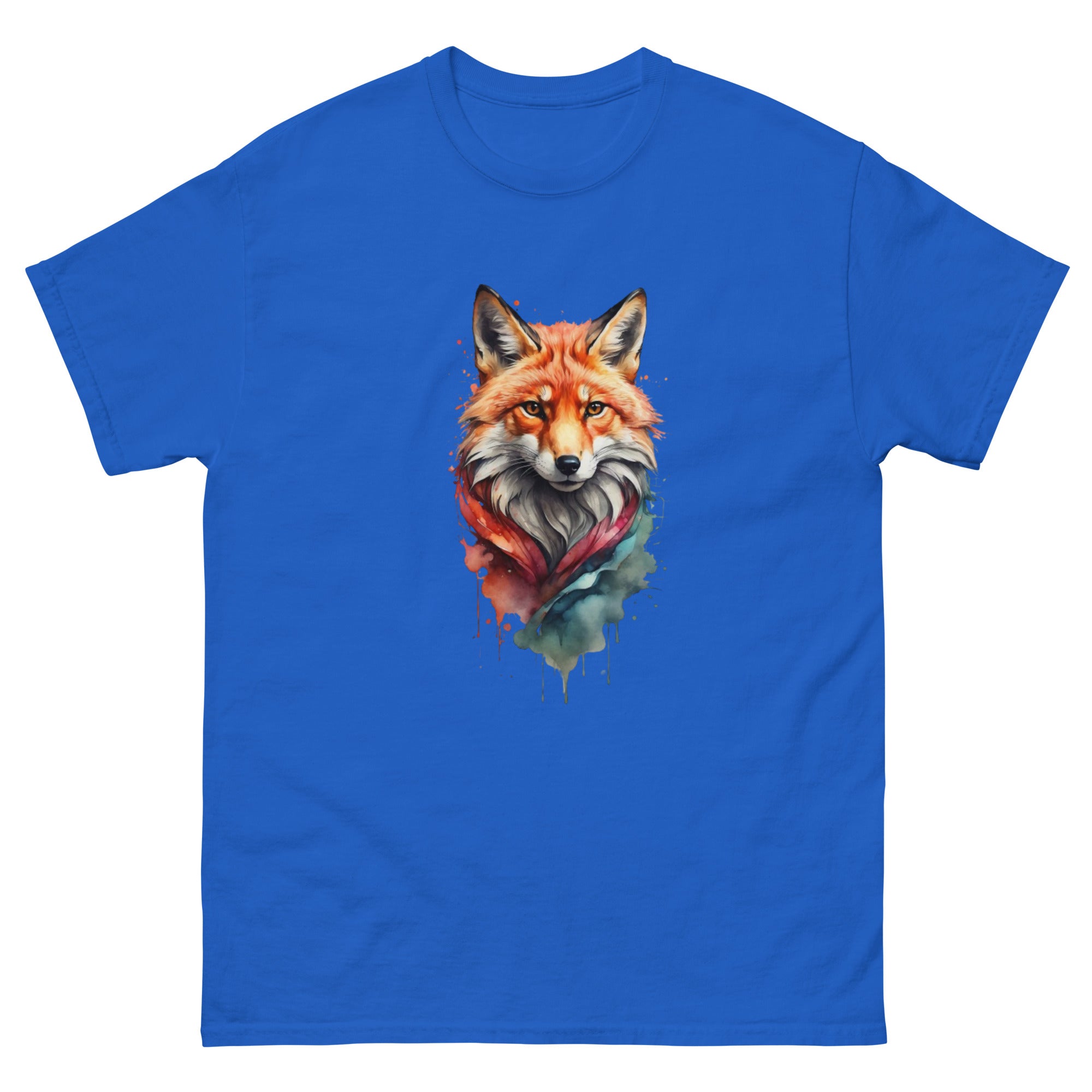A blue unisex classic t-shirt featuring a watercolor-style illustration of a fox on the chest.