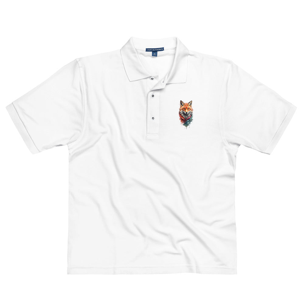 A white short-sleeved polo shirt featuring a small, colorful fox illustration on the chest.