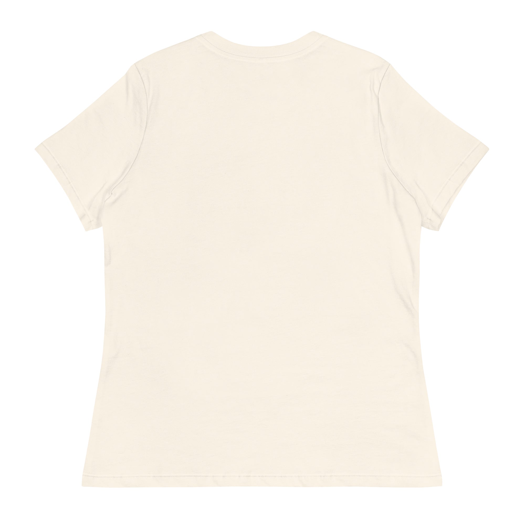A plain, cream-colored women's relaxed fit t-shirt shown from the back.