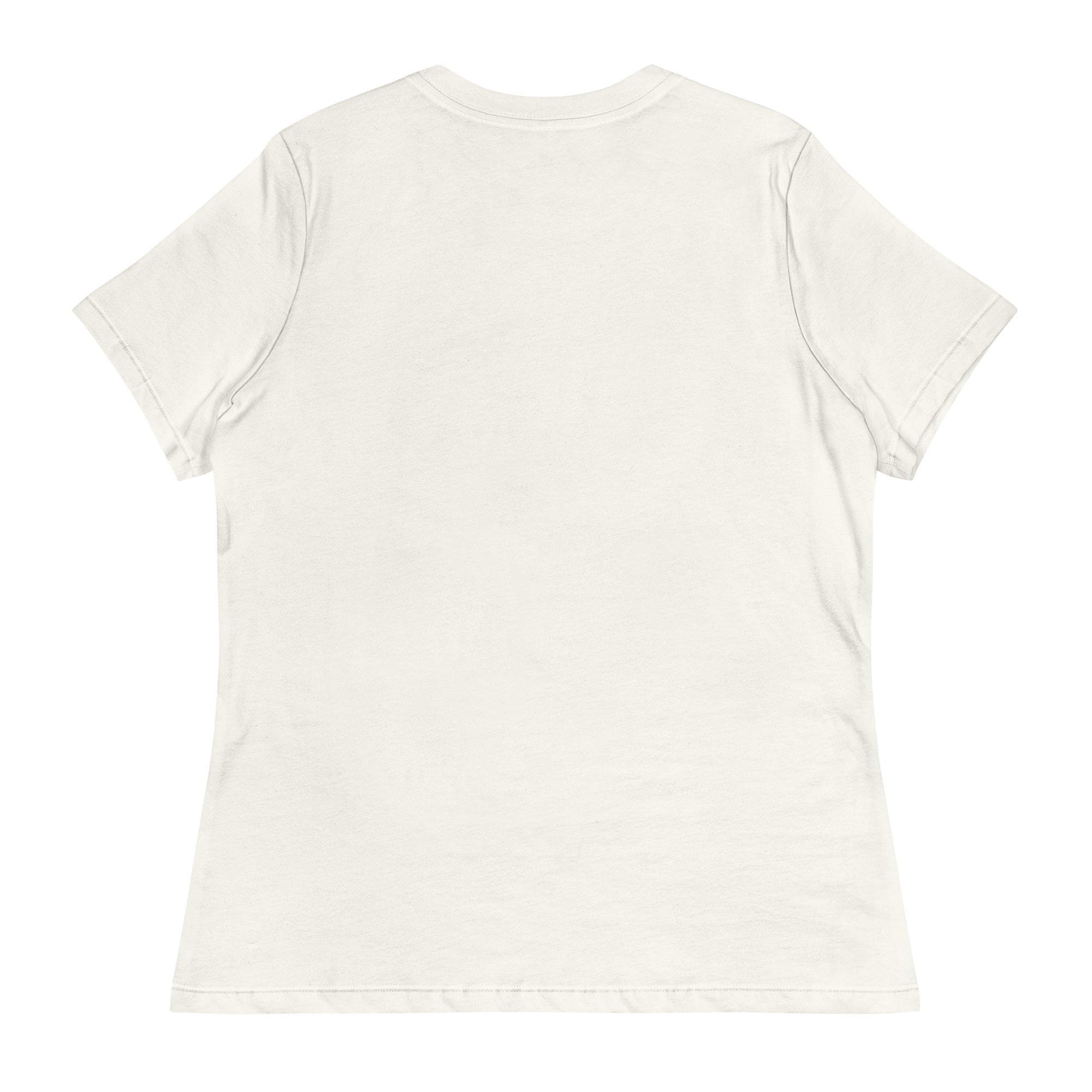 A plain white women's relaxed fit t-shirt shown from the back.