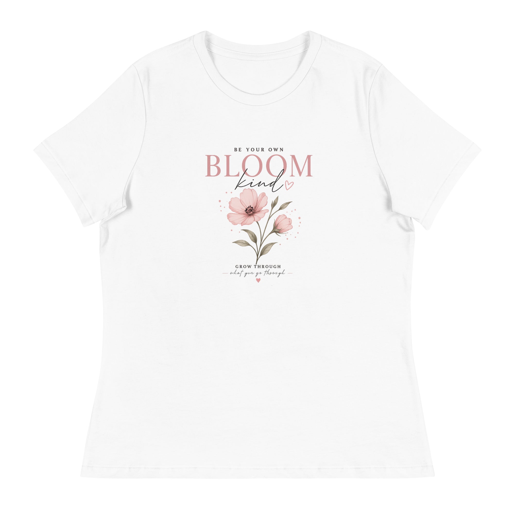 A white women's relaxed t-shirt featuring a floral graphic and the text Bloom Kind.